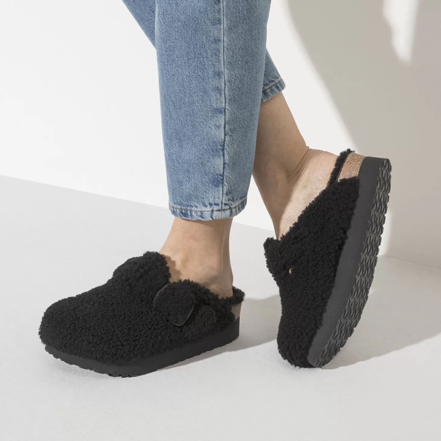 Sandales Compensées | Birkenstock Boston Big Buckle Platform Teddy Black